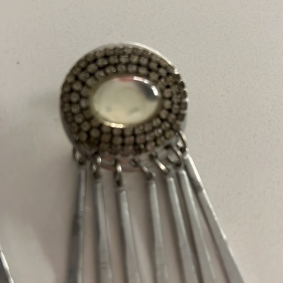 VINTAGE EARRINGS 70s clip long rhinestone moonstone tassel metal silver dangly - Picture 5 of 10